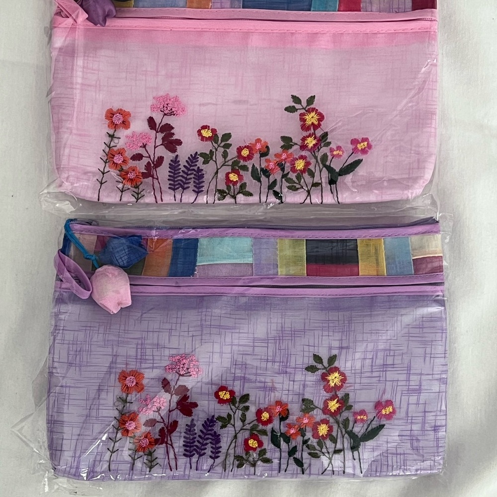 Floral Embroidered Pink and Purple Pouches
